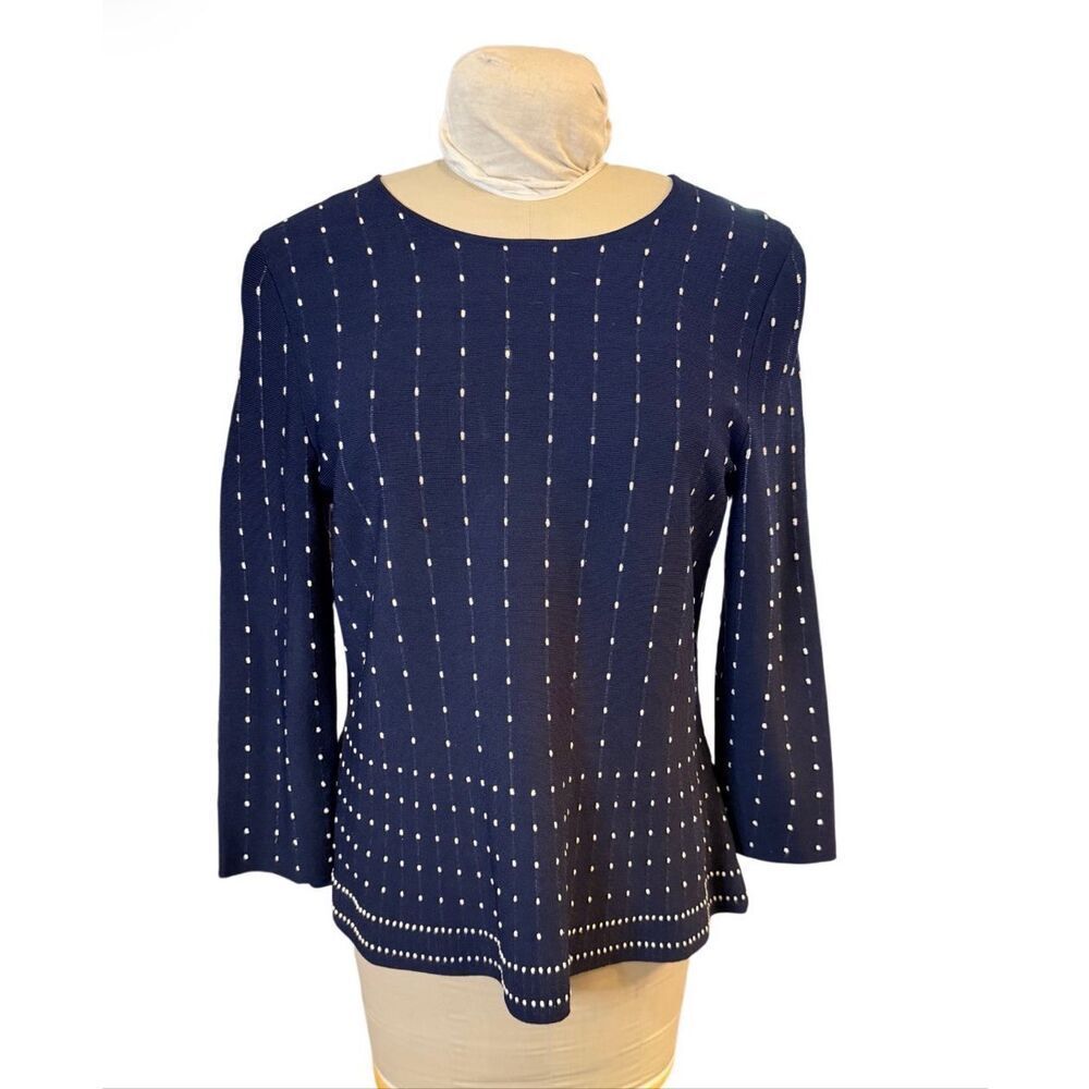 Talbots Navy Blue Long Sleeve Embroidered Dot Peplum Sweater Size Large